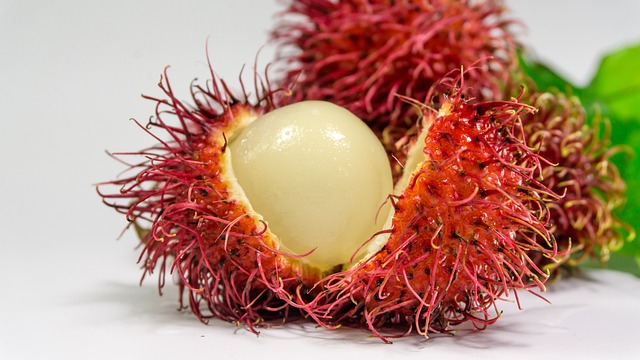 Ramboutan épluché montrant le fruit blanc à l'intérieur entouré de fruits non épluchés.