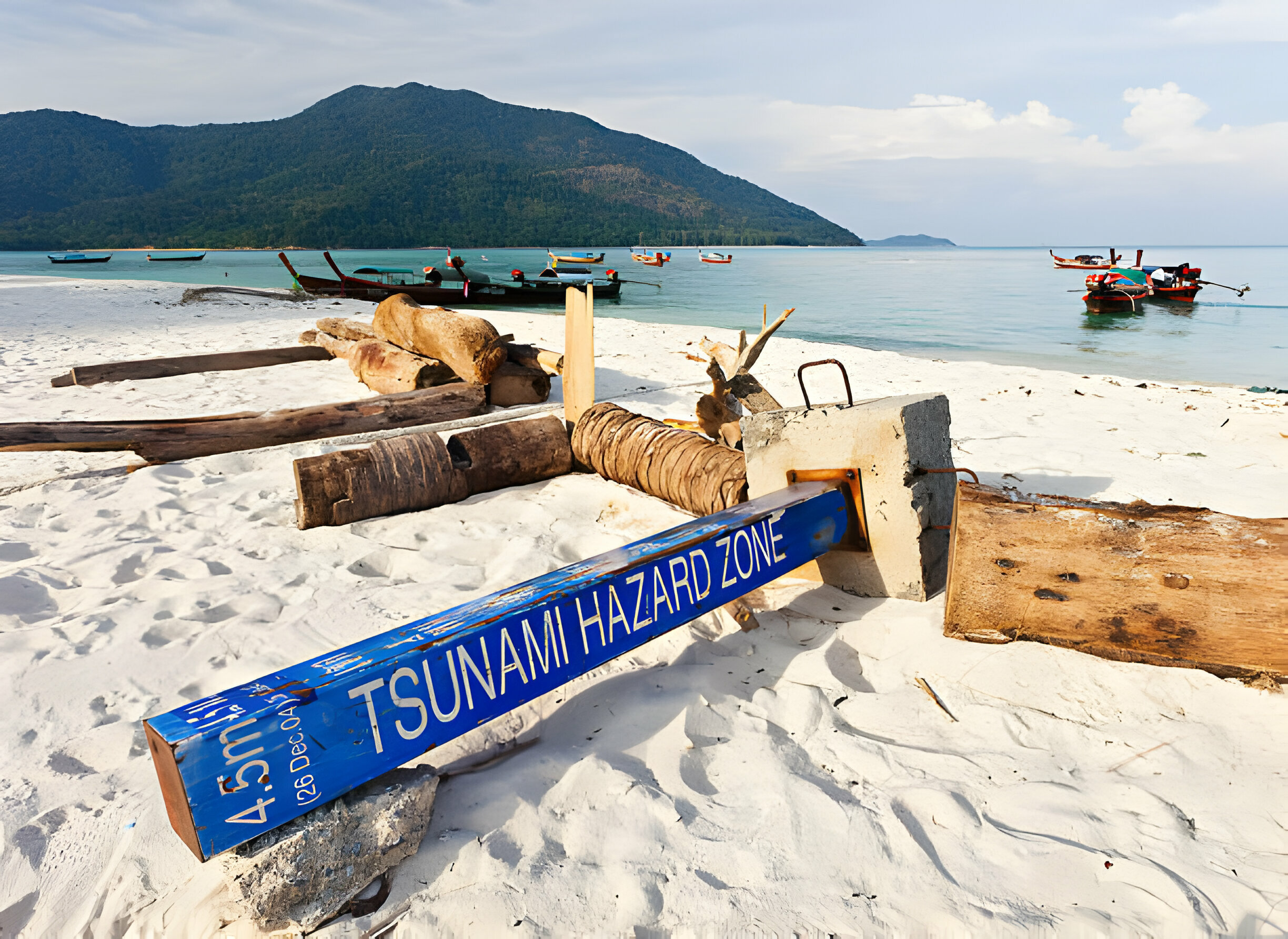 Panneau 'zone dangereuse tsunami' tombé parmi les débris sur une plage paisible avec des bateaux et des montagnes en arrière-plan.