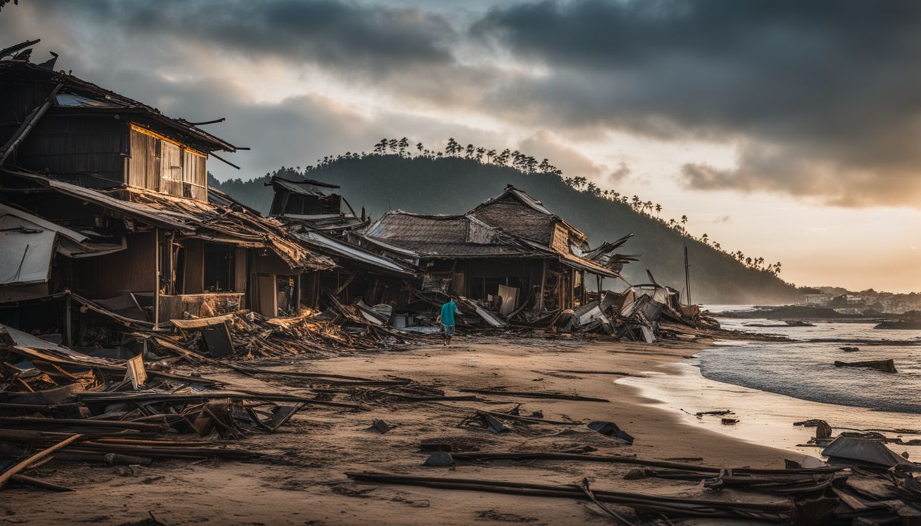Une personne marchant parmi les ruines de bâtiments détruits sur une plage au coucher ou lever du soleil.