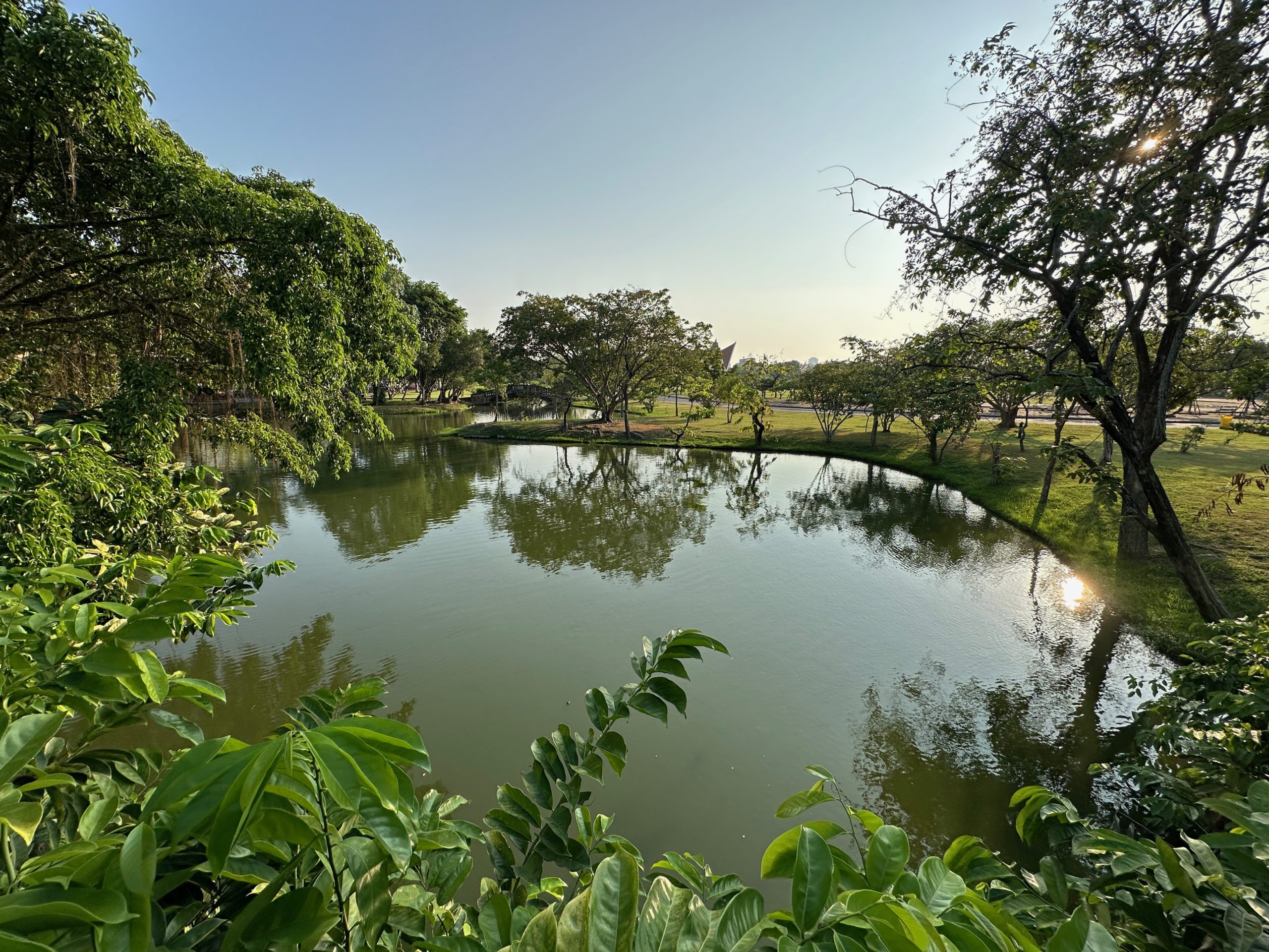 Vue sereine d'un étang entouré de verdure au Parc Suan Luang Rama IX, Bangkok