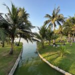 Palmiers le long d'un canal au parc Suan Luang Rama IX de Bangkok