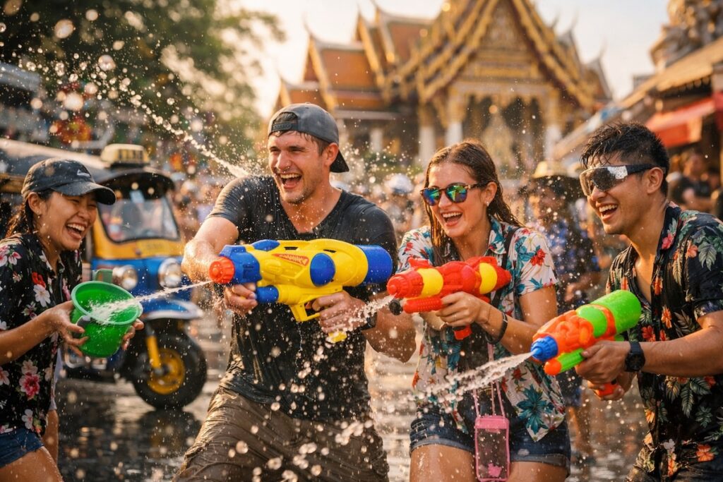 Jeunes touristes et Thaïlandais célébrant avec joie la fête de l'eau de Songkran avec des pistolets à eau, devant un temple bouddhiste traditionnel.