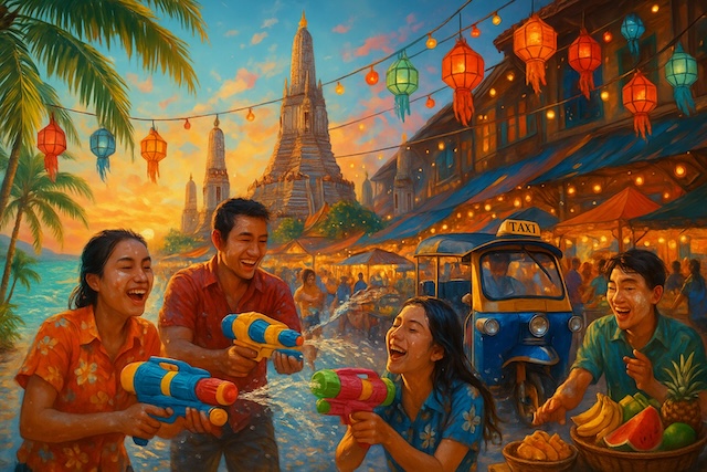 Des jeunes Thaïlandais s’amusent avec des pistolets à eau pendant la fête de Songkran, dans une rue animée décorée de lanternes colorées, avec un tuk-tuk et un temple en arrière-plan