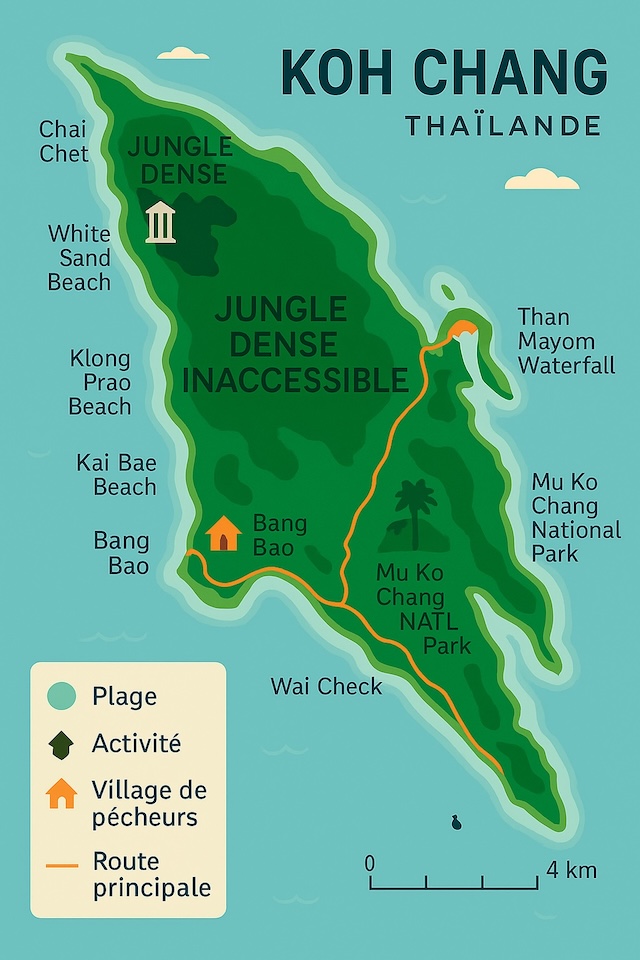 Carte stylisée de Koh Chang montrant les plages principales (White Sand Beach, Klong Prao, Kai Bae, Bang Bao, Wai Check), la jungle centrale inaccessible, les routes, le parc national Mu Ko Chang et les sites naturels.