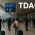 Passagers dans un aéroport international avec le texte TDAC en haut à droite, illustrant la nouvelle carte d’arrivée numérique Thaïlande