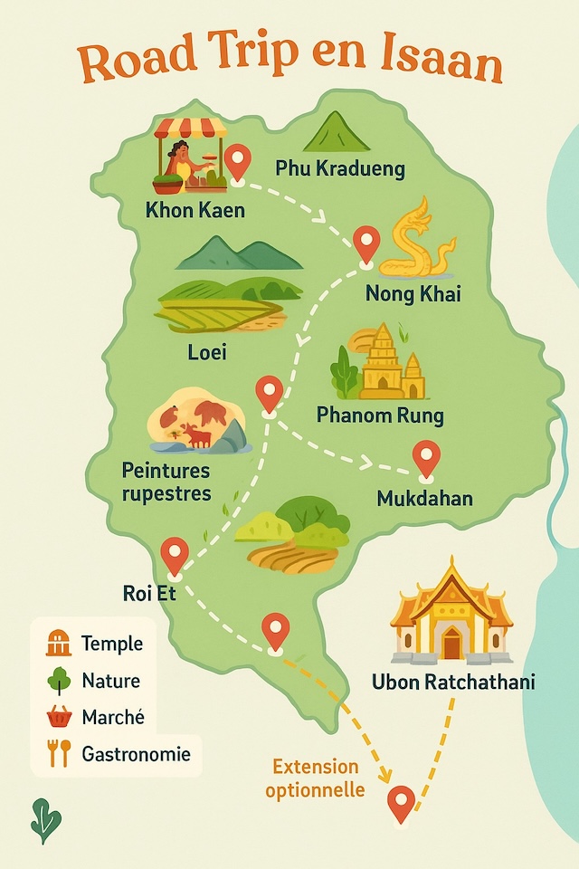 Carte illustrée pour visiter l’Isaan en 2025 : temples, nature, marchés et itinéraires