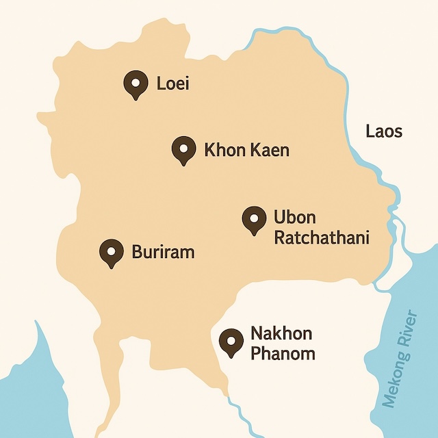 Carte illustrée de l’Isaan montrant les provinces de Buriram, Khon Kaen, Loei, Ubon Ratchathani et Nakhon Phanom
