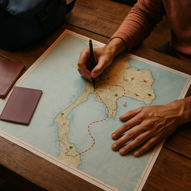 Cartes de Thaïlande : voyageur traçant un itinéraire sur une carte de la Thaïlande