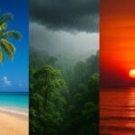 Triptyque illustrant le climat en Thaïlande : saison sèche avec plage ensoleillée, saison des pluies avec forêt tropicale, saison chaude avec coucher de soleil