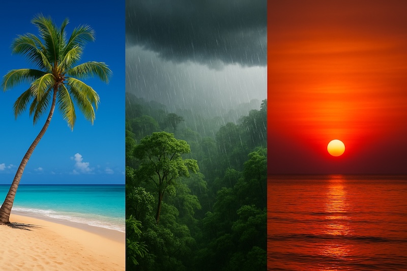 Triptyque illustrant le climat en Thaïlande : saison sèche avec plage ensoleillée, saison des pluies avec forêt tropicale, saison chaude avec coucher de soleil