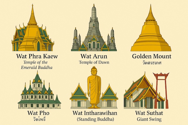 Illustration des principaux temples de Bangkok : Wat Phra Kaew, Wat Arun, Golden Mount, Wat Pho, Wat Intharawihan et Wat Suthat, avec noms en anglais et thaï