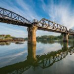 Vue panoramique du pont de la rivière Kwaï avec reflet dans la rivière, Thaïlande