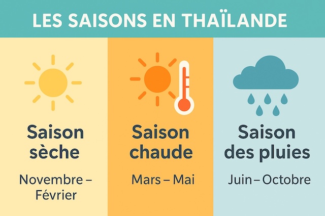 Infographie des saisons en Thaïlande : saison sèche (novembre à février), saison chaude (mars à mai), saison des pluies (juin à octobre)