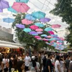 Allée du marché de Chatuchak avec des parapluies suspendus et foule animée à Bangkok
