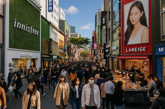Rue animée de Myeongdong à Séoul avec foule, boutiques et stands de street food
