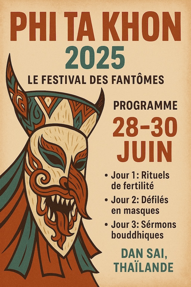 Affiche du Festival Phi Ta Khon 2025 à Dan Sai en Thaïlande, indiquant les dates et le programme du 28 au 30 juin