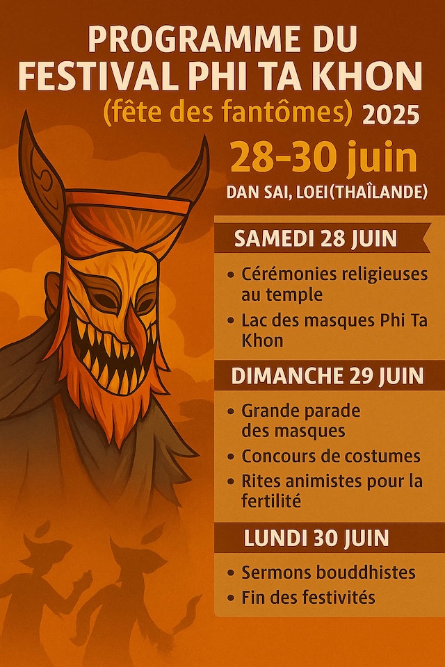 Affiche verticale du Festival Phi Ta Khon 2025 à Dan Sai, Thaïlande, avec les dates et le programme détaillé du 28 au 30 juin