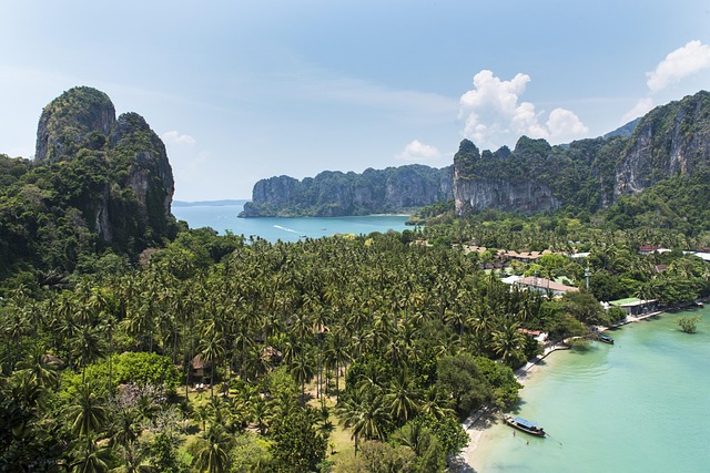Paysage de Railay à Krabi avec falaises calcaires, cocotiers et mer turquoise