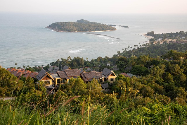 Villas nichées dans la végétation avec vue sur la mer et une île en arrière-plan à Koh Samui, Thaïlande
