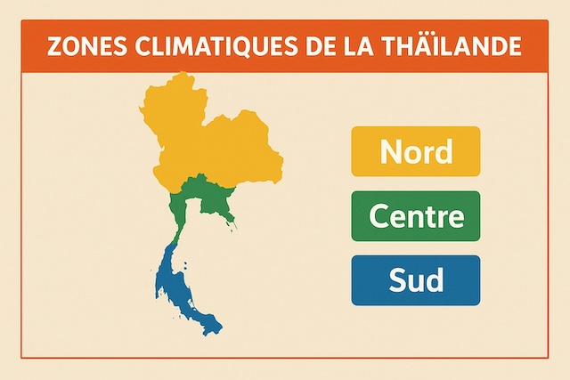 Carte de la Thaïlande divisée en trois zones climatiques : Nord (jaune), Centre (vert), Sud (bleu)