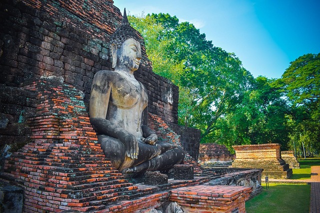 Grande statue en pierre d'un Bouddha assis, adossée aux ruines en briques du temple Wat Mahathat, dans le parc de Sukhothai, avec des arbres verts en arrière-plan sous un ciel bleu.