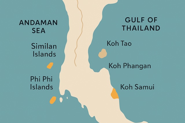 Carte illustrée de la Thaïlande différenciant la mer d'Andaman, où se situent les îles fermées, du golfe de Thaïlande, une alternative durant la mousson.