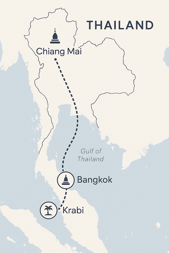 Carte de l'itinéraire de 2 semaines en Thaïlande, montrant le parcours de Chiang Mai au nord, à Bangkok au centre, puis à Krabi au sud.