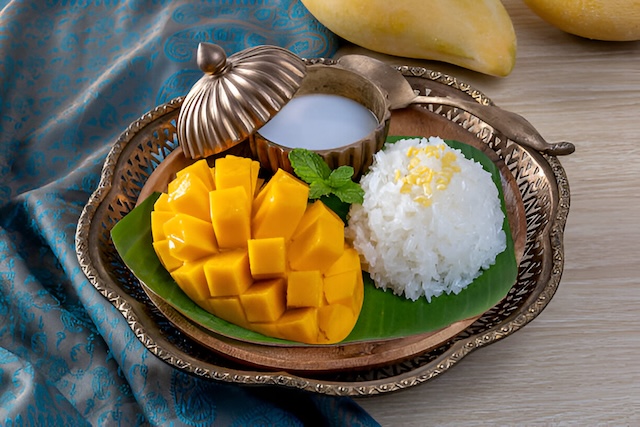 Assiette de Khao Niao Mamuang avec riz gluant, mangue fraîche et lait de coco dans un bol traditionnel