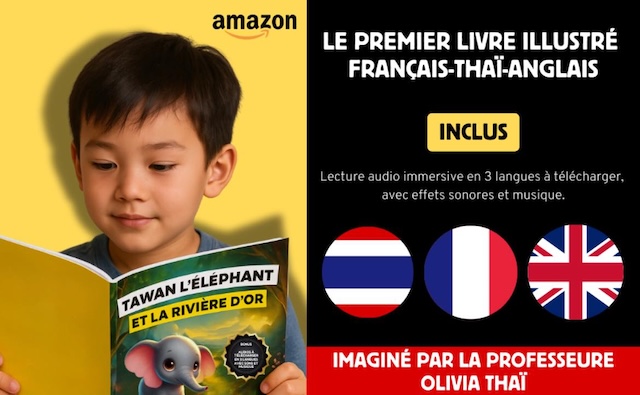Un enfant lit le livre “Tawan l’éléphant et la rivière d’or”, imaginé par Olivia Thaï, en français, thaï et anglais