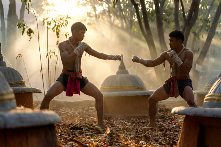 Combattants de Muay Thaï s’entraînant en plein air dans la campagne thaïlandaise, au lever du soleil.