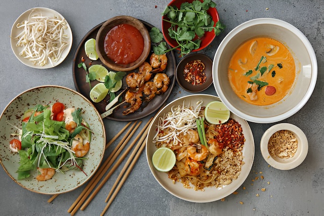 Vue de dessus d’un repas thaïlandais varié avec Pad Thaï, Tom Kha, brochettes, condiments et légumes