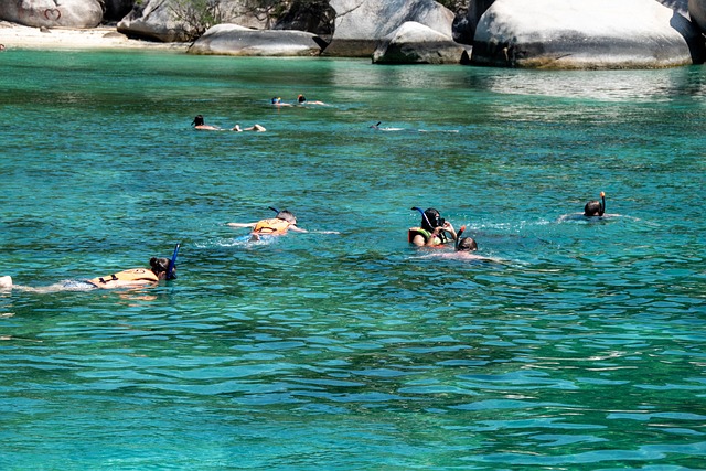 Groupe de touristes faisant du snorkeling avec masques et tubas dans les eaux turquoises de Thaïlande, avec de gros rochers de granit en arrière-plan sur la plage.