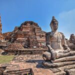 Statue de Bouddha en pierre en méditation devant les ruines du prang principal du temple Wat Mahathat dans le parc historique d'Ayutthaya.