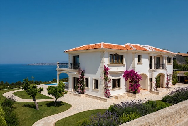 Grande villa de luxe blanche avec toit en tuiles, bougainvilliers et vue sur la mer Méditerranée