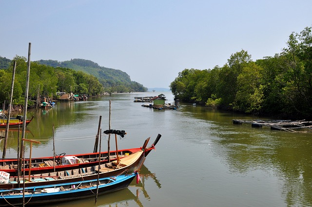 Bateaux de pêche traditionnels thaïlandais amarrés sur une rivière bordée de mangrove à Phuket, avec des habitations flottantes et des collines verdoyantes.