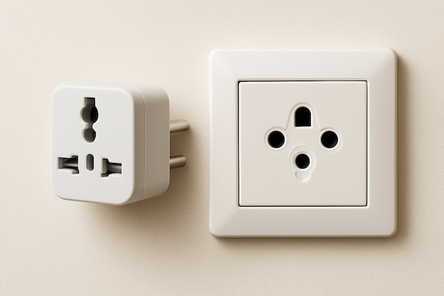 Adaptateur universel blanc à côté d'une prise électrique murale typique de Thaïlande, illustrant les fiches plates et rondes.