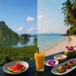 Montage photo comparant Phuket et Koh Samui : à gauche, la vue sur les pitons rocheux de la baie de Phang Nga ; à droite, une plage de sable blanc paradisiaque. Au premier plan, une table avec un repas tropical.