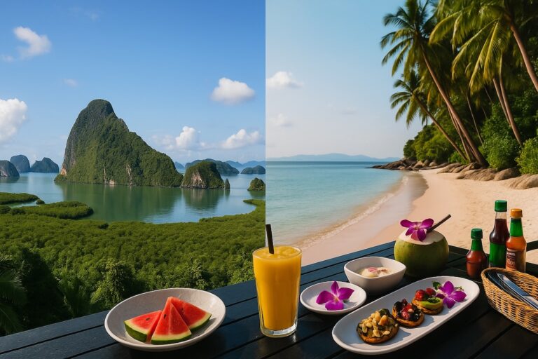 Montage photo comparant Phuket et Koh Samui : à gauche, la vue sur les pitons rocheux de la baie de Phang Nga ; à droite, une plage de sable blanc paradisiaque. Au premier plan, une table avec un repas tropical.