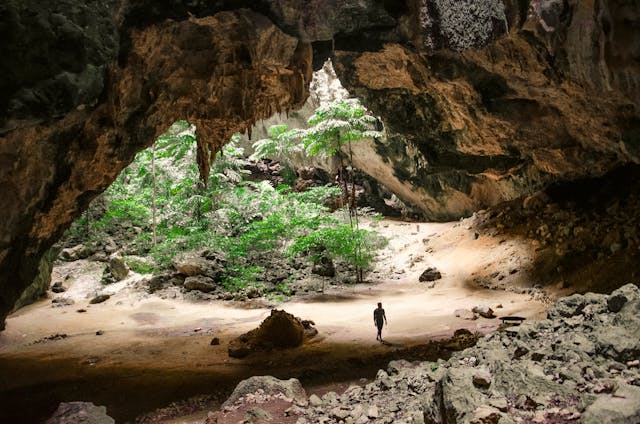Un explorateur marchant sur le sol de sable d'une immense grotte calcaire, avec une ouverture naturelle laissant pénétrer la lumière du jour sur une végétation luxuriante à l'intérieur du parc national de Khao Sam Roi Yot en Thaïlande.