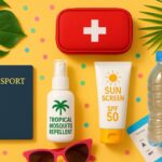 Vue à plat des essentiels pour préserver sa santé en Thailande : trousse de secours, crème solaire, anti-moustique et passeport.