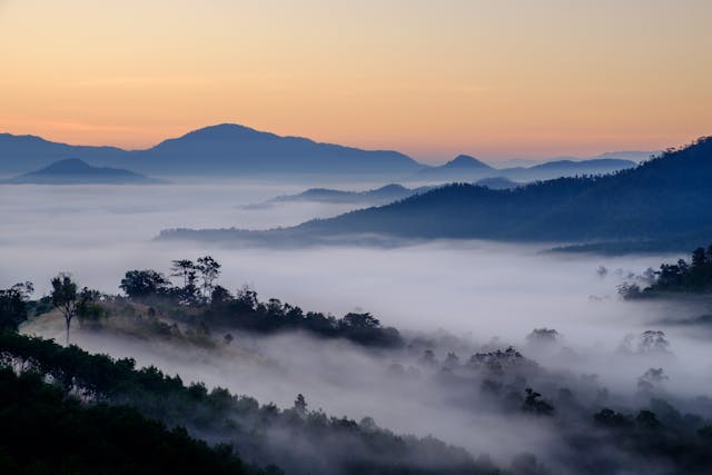 Paysage de montagnes du nord de la Thaïlande au lever du soleil, avec une mer de nuages recouvrant les vallées.