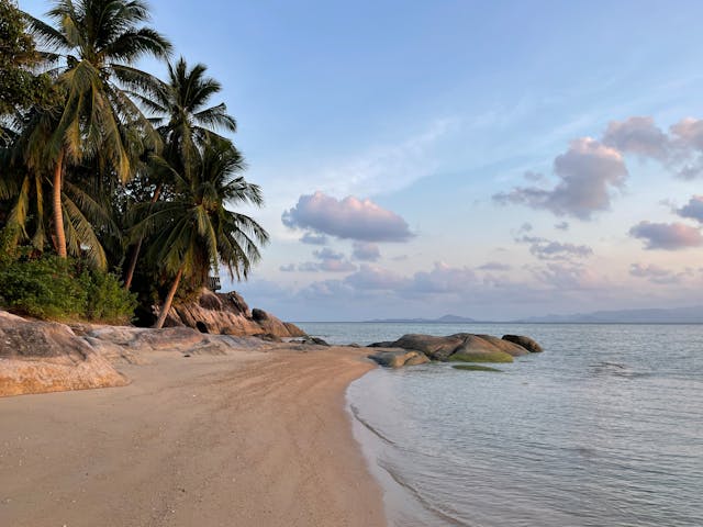 Vue d'une plage de sable fin à Koh Samui, bordée de cocotiers et de gros rochers polis, avec une mer calme au crépuscule.
