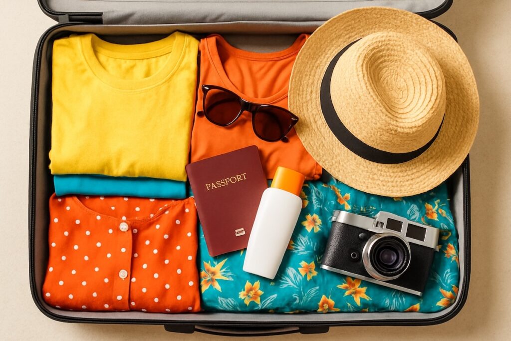 Que mettre dans sa valise pour la Thaïlande : vue de dessus d'une valise ouverte avec des vêtements d'été, un passeport, un chapeau et une crème solaire.