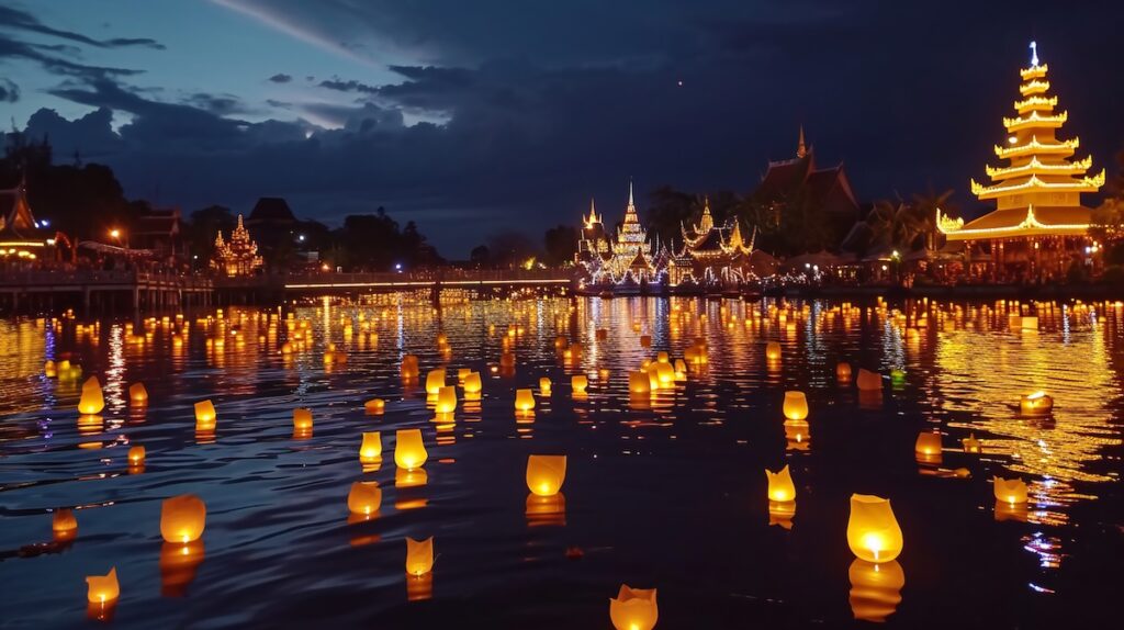 Des krathongs illuminés flottant sur un lac au crépuscule pendant la Fête des Lumières de Loi Krathong, avec des temples thaïlandais en arrière-plan.