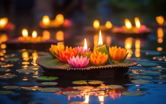 Gros plan sur un krathong flottant décoré de bougies allumées en forme de fleurs de lotus roses et oranges, se reflétant sur l'eau.