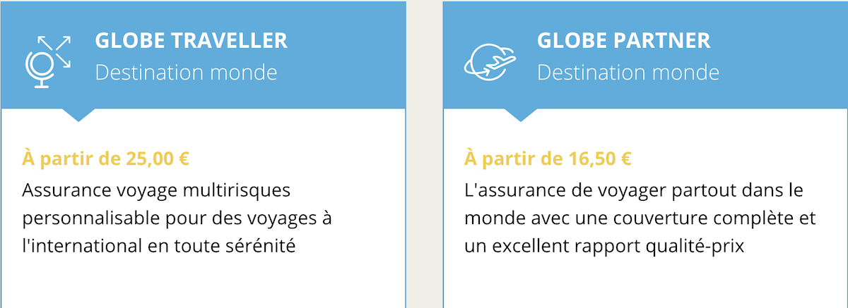 Capture d'écran montrant les deux offres d'assurance voyage ACS pour la Thaïlande : Globe Partner et Globe Traveller.