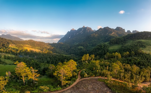 Paysage de la vallée forestière de Doi Chiang Dao au lever du soleil, avec les pics montagneux en arrière-plan sous un ciel bleu.