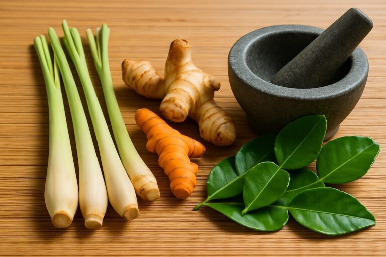 Composition de plantes médicinales thaïlandaises fraîches : citronnelle, curcuma, galanga et feuilles de combava, disposées à côté d'un mortier en pierre sur une surface en bois.