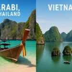 Montage photo comparatif pour choisir entre la Thaïlande et le Vietnam. À gauche, une plage de Krabi en Thaïlande avec un bateau long-tail et à droite, la baie d'Halong au Vietnam.