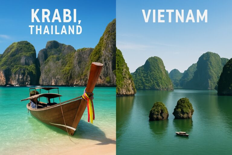 Montage photo comparatif pour choisir entre la Thaïlande et le Vietnam. À gauche, une plage de Krabi en Thaïlande avec un bateau long-tail et à droite, la baie d'Halong au Vietnam.